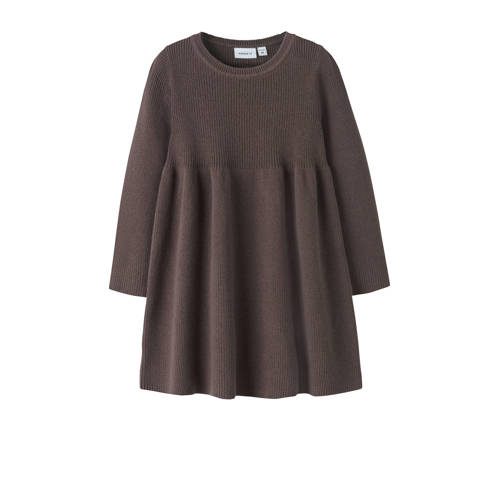 NAME IT MINI A-lijn jurk gebreid donkerbruin Meisjes Katoen Ronde hals - maat 128 afbeelding