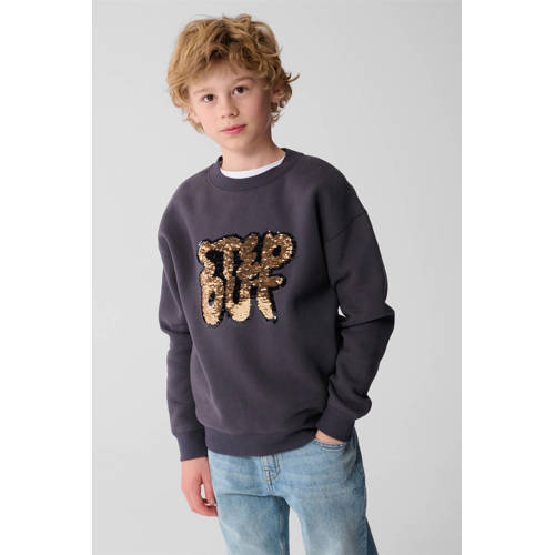 Shoeby sweater grijs met pailletten Tekst - maat 98/104 afbeelding