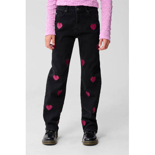 Shoeby high waist straight leg jeans met hartjes zwart Meisjes Denim Hartjes - maat 140 afbeelding