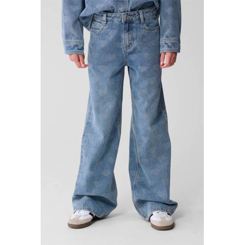 Shoeby wide leg high waist wide leg jeans met hartjes medium blue denim Blauw - maat 122 afbeelding