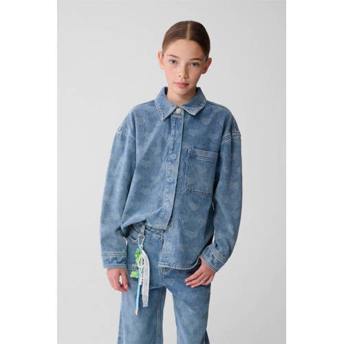 Shoeby denim blouse met hartjes medium blue denim Blauw Hartjes - maat 122/128 afbeelding