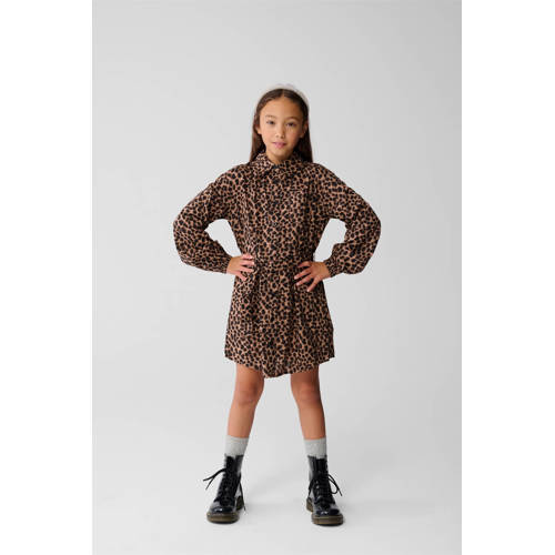 Shoeby korte jurk met panterprint bruin Meisjes Katoen Button down Dierenprint