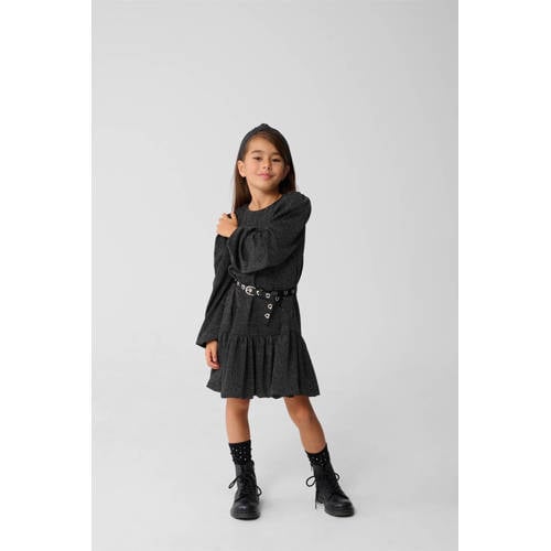 Shoeby midi jurk met glitter zwart Meisjes Polyamide Ronde hals Effen