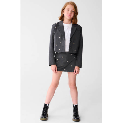 Shoeby cropped blazer met krijtstreep grijs Meisjes Polyester Reverskraag - maat 134/140 afbeelding
