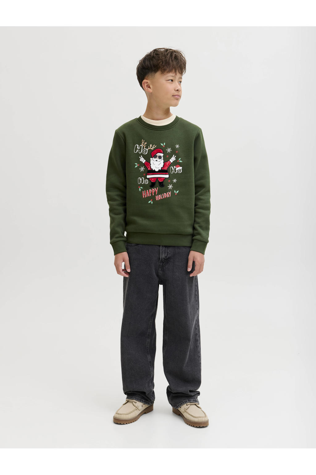 Donkergroene jongens JACK & JONES JUNIOR kerstsweater met printopdruk, lange mouwen, ronde hals en geribde boorden