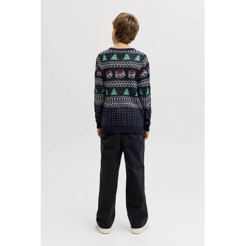 JACK & JONES JUNIOR kersttrui donkerblauw Jongens Acryl Ronde hals All over print