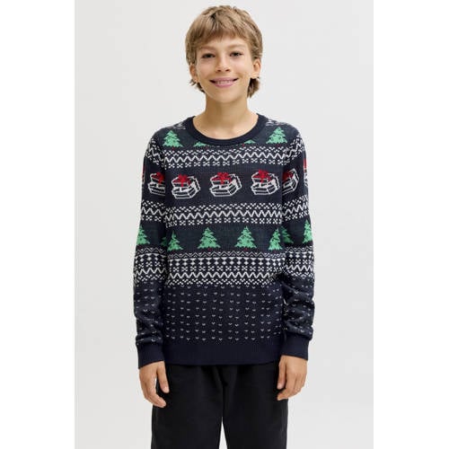 JACK & JONES JUNIOR kersttrui donkerblauw Jongens Acryl Ronde hals All over print