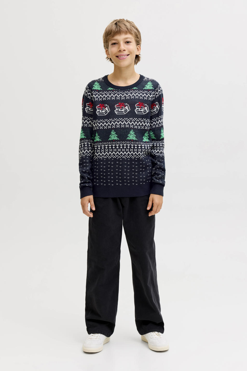 Donkerblauwe jongens JACK & JONES JUNIOR kersttrui van acryl met lange mouwen, ronde hals en ingebreid patroon