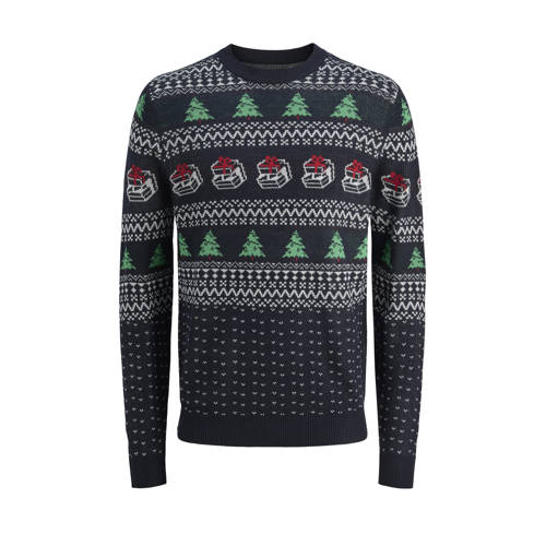 JACK & JONES JUNIOR kersttrui donkerblauw Jongens Acryl Ronde hals All over print - maat 164 afbeelding
