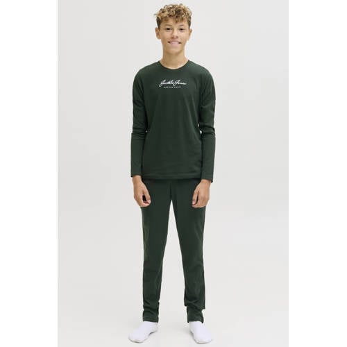 JACK & JONES JUNIOR loungeset donkergroen Jongens Katoen Ronde hals Tekst
