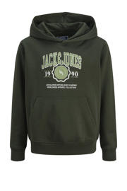 thumbnail: Donkergroene jongens JACK & JONES JUNIOR hoodie van sweat materiaal met logo dessin, lange mouwen en capuchon