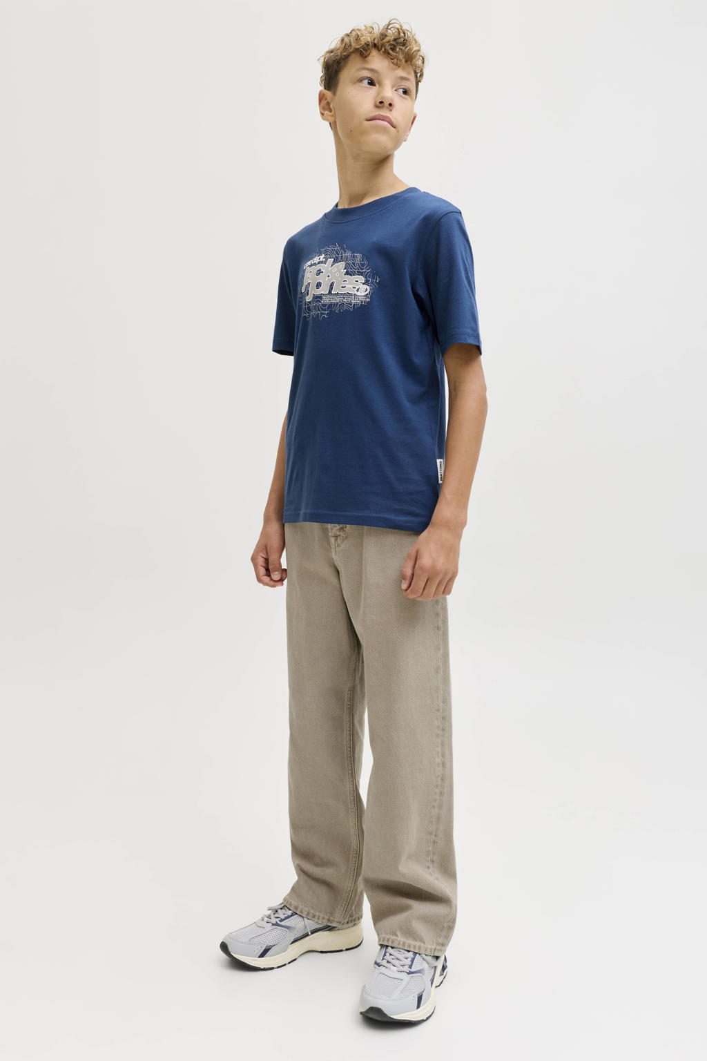 Lichtbruine jongens JACK & JONES JUNIOR high waist loose fit jeans van stretchdenim met effen