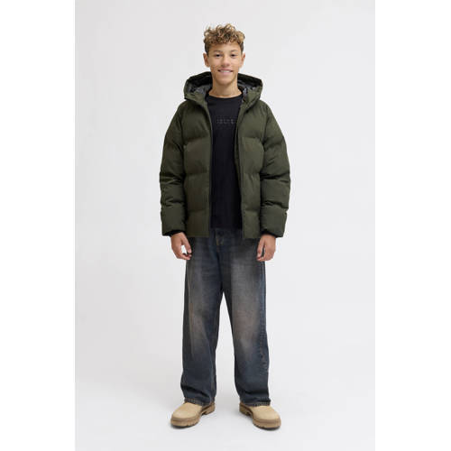 JACK & JONES JUNIOR gewatteerde jas donkergroen Jongens Polyester Capuchon - maat 140 afbeelding