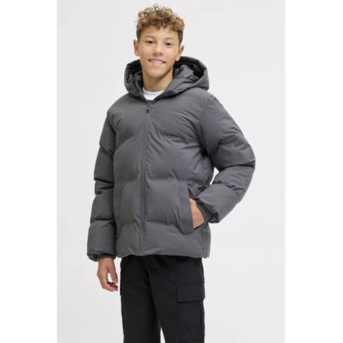 JACK & JONES JUNIOR gewatteerde jas grijs Jongens Polyester Capuchon Effen - maat 152 afbeelding