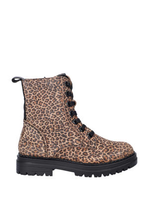 suède veterboots met panterprint beige/zwart