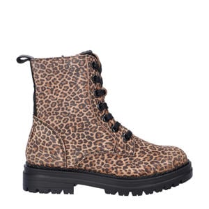 suède veterboots met panterprint beige/zwart