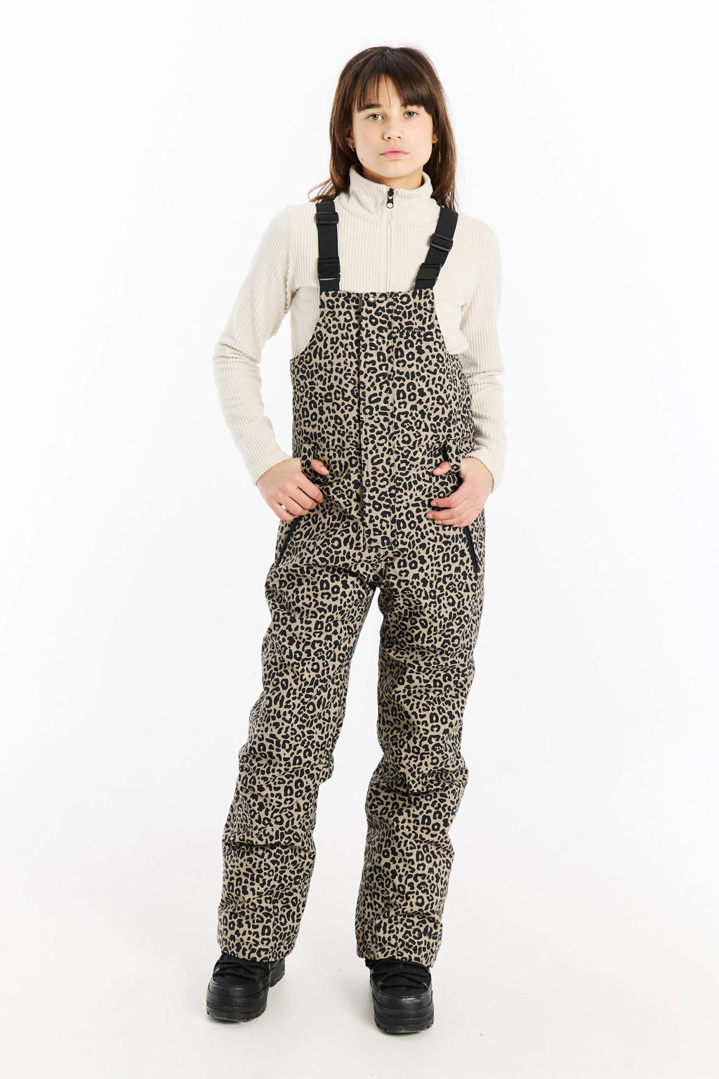 Beige en zwarte meisjes Protest ski sjalopette PRTJulia van polyester met regular fit, ritssluiting en dierenprint