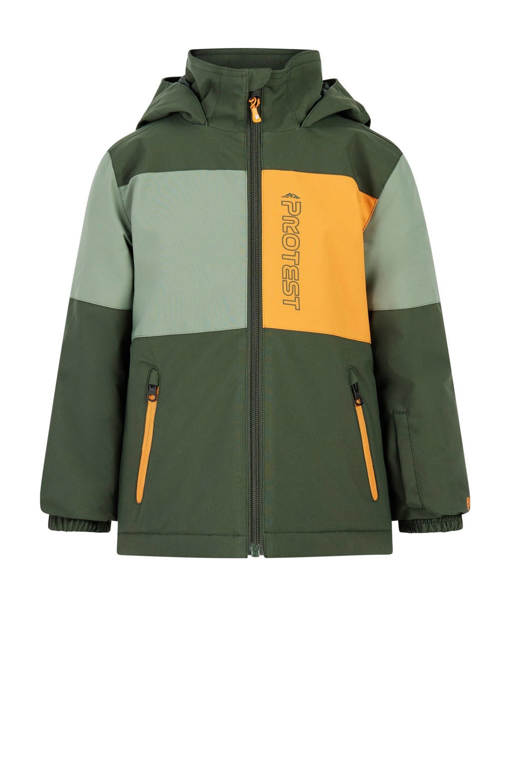 Donkergroen en gele jongens Protest ski-jas PRTConner TD van polyester met meerkleurige print, capuchon en rits wind- en waterdicht
