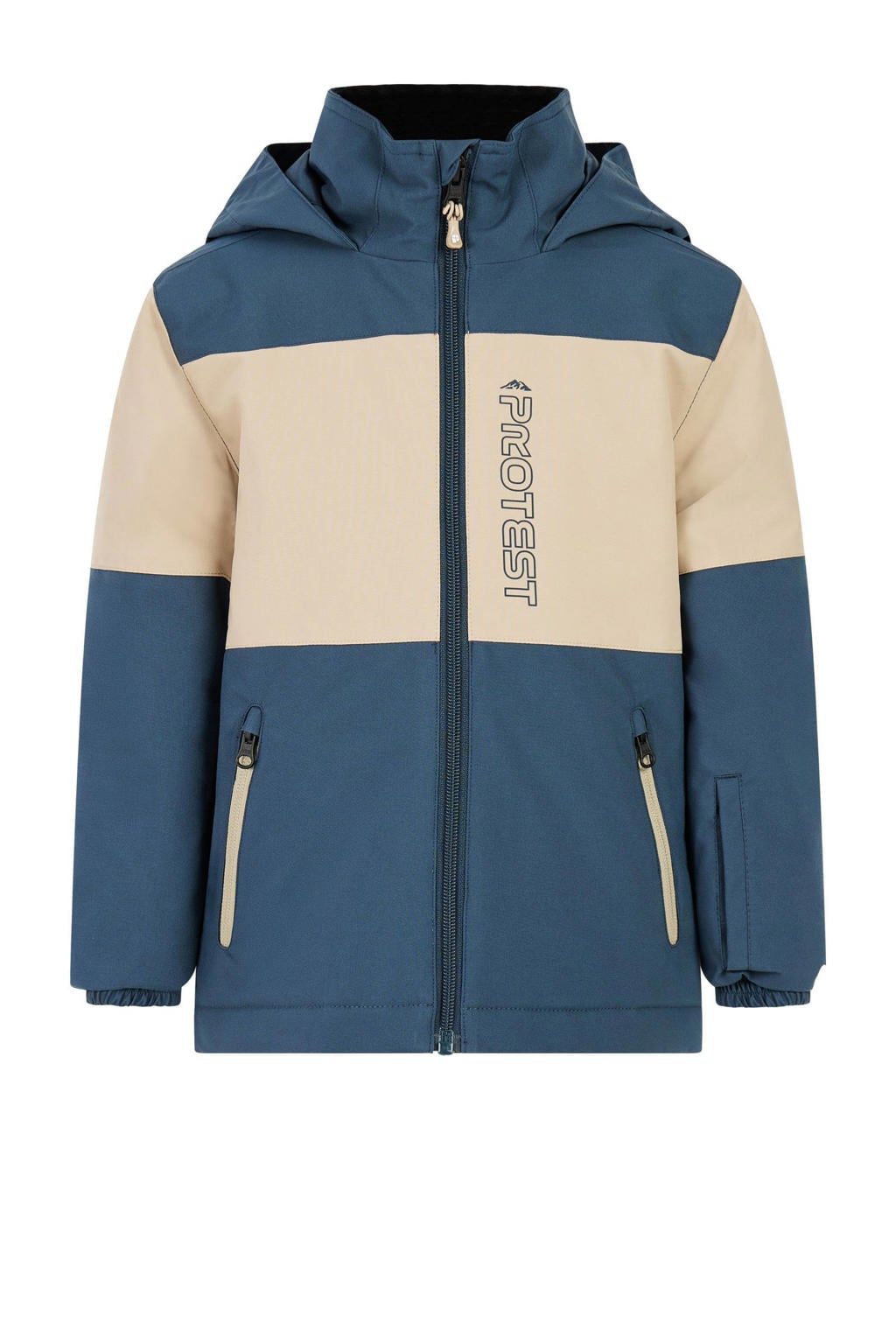 Donkerblauw en ecru jongens Protest ski-jas PRTConner TD van polyester met meerkleurige print, capuchon en rits wind- en waterdicht