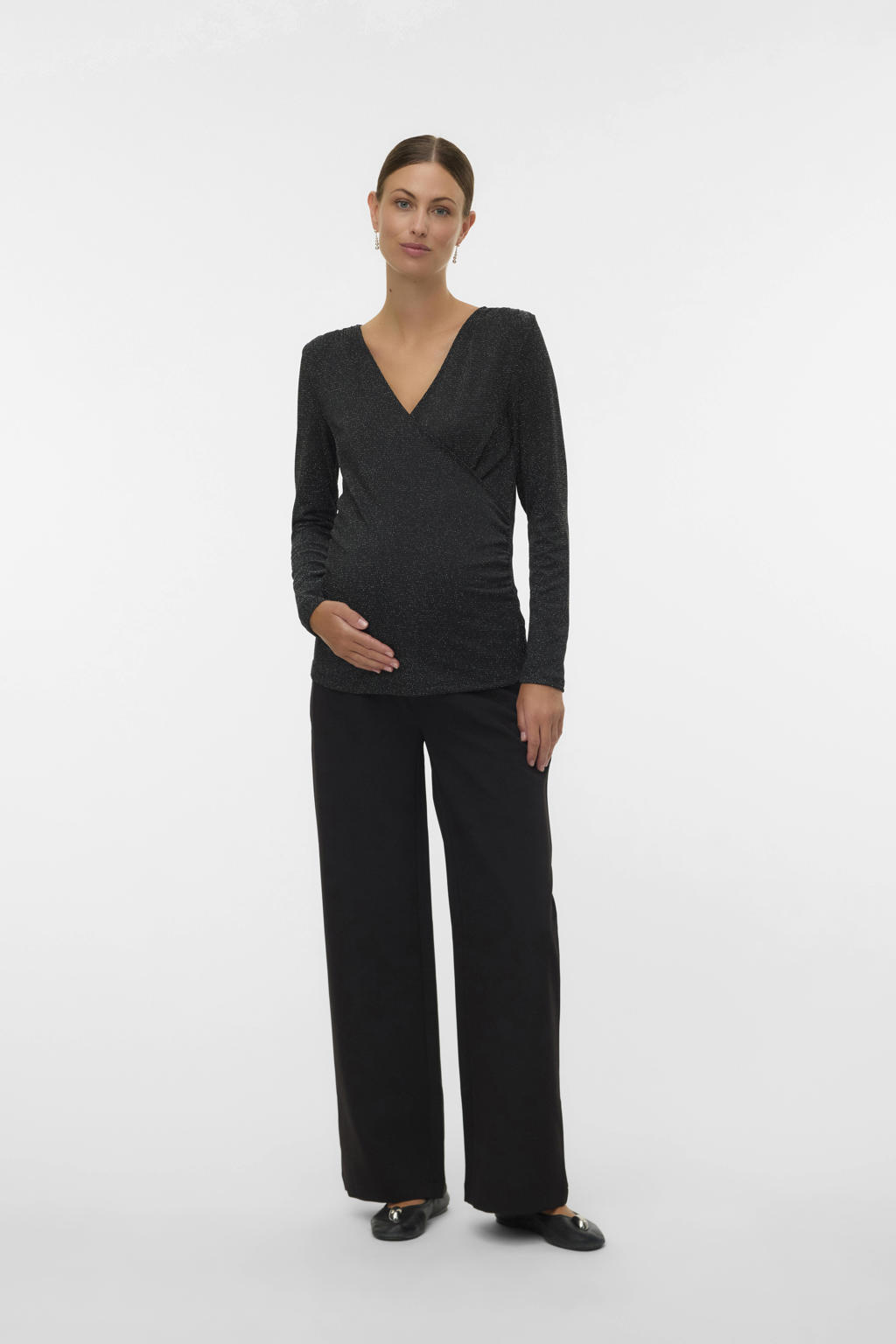 Zwarte dames MAMALICIOUS wide leg regular waist zwangerschaps casual broek met effen