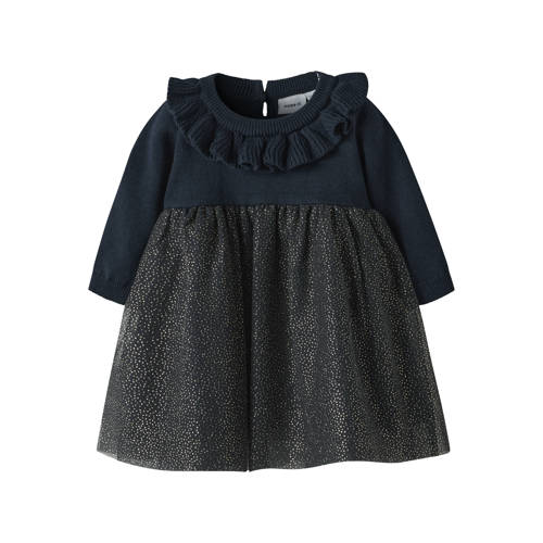 NAME IT BABY glitterjurk met glitter donkerblauw Meisjes Katoen Ronde hals