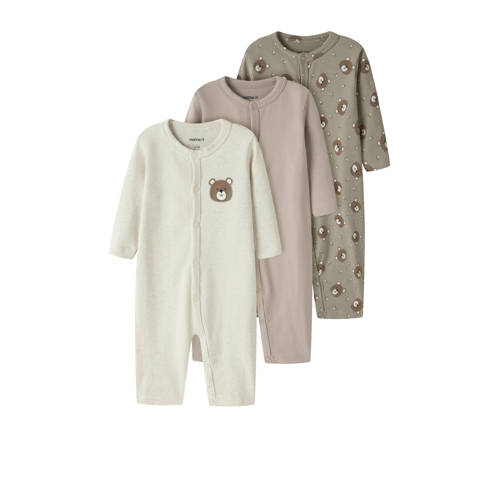 NAME IT BABY baby pyjama - set van 3 kaki/beige/oudroze Groen Jongens/Meisjes Stretchkatoen Ronde hals - maat 50 afbeelding