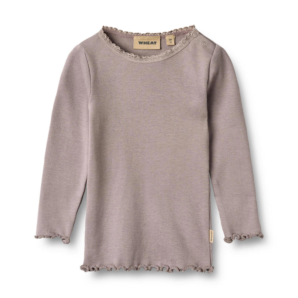Paarse meisjes Wheat longsleeve van katoen met effen, lange mouwen, ronde hals, drukknoopsluiting en ruches