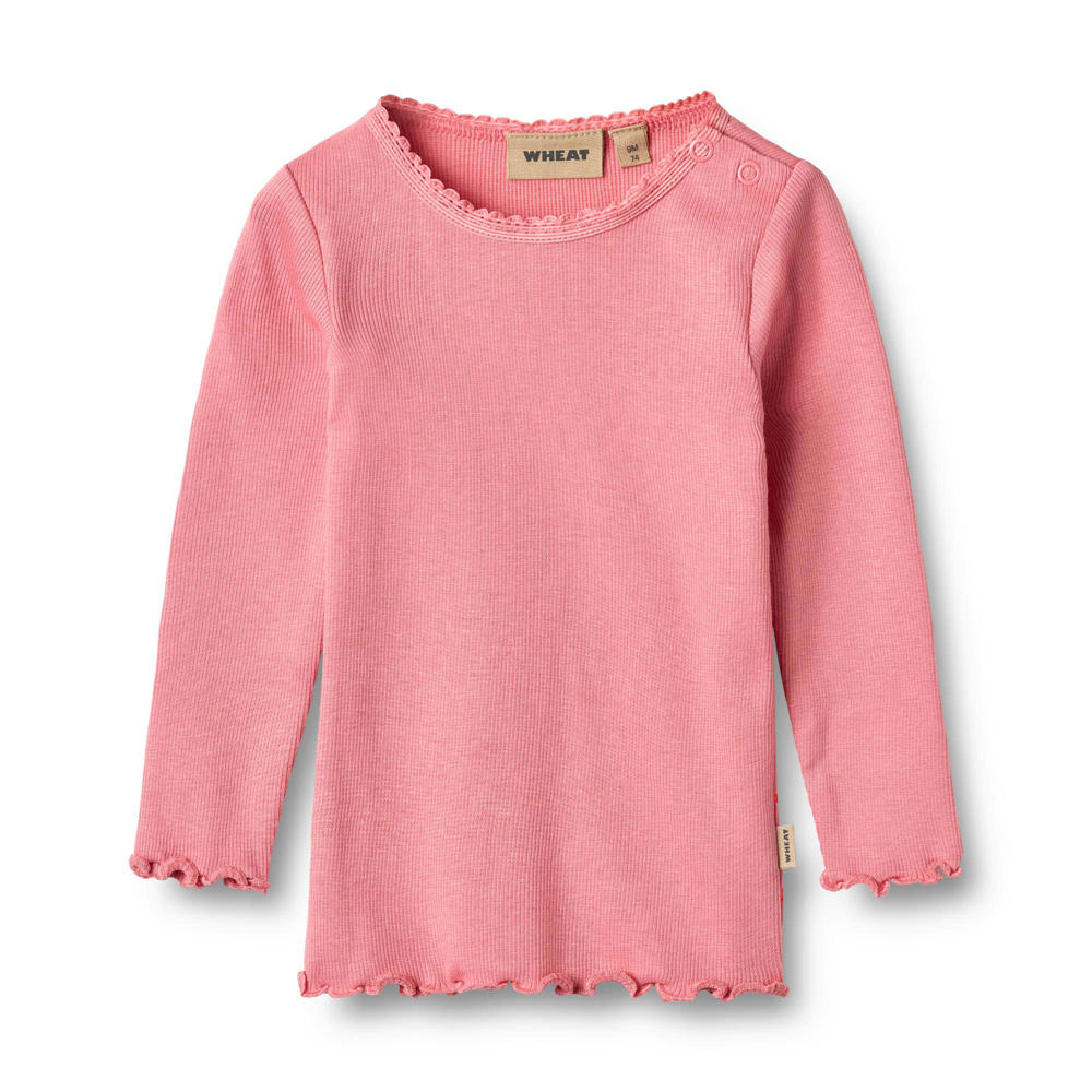 Roze meisjes Wheat longsleeve van katoen met effen, lange mouwen, ronde hals, drukknoopsluiting en ruches