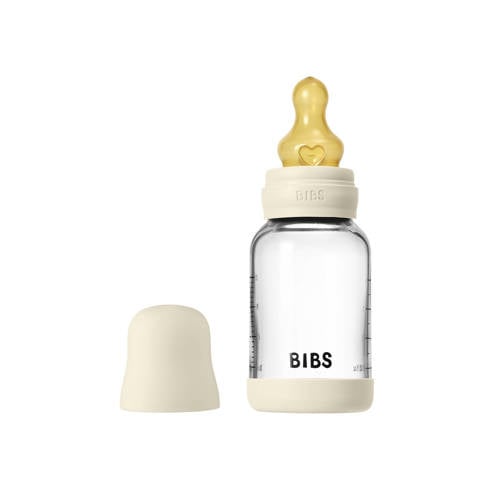 BIBS Glazen Babyfles - 120 ml - Ivory - met latex speen en opvouwbare trechtertje