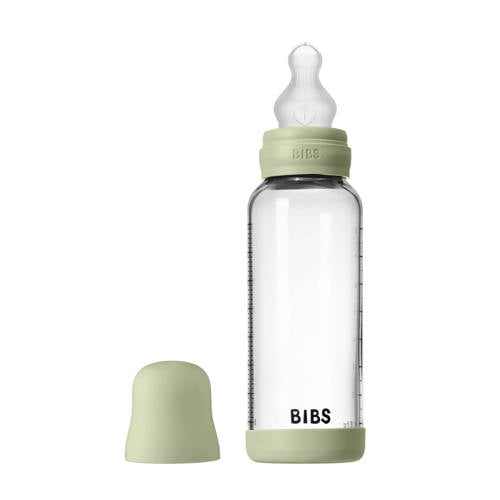 BIBS Glazen Babyfles - 240 ml - Sage - met silicone speen en opvouwbare trechtertje