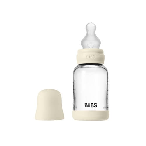 BIBS Glazen Babyfles - 120 ml - Ivory - met silicone speen en opvouwbare trechtertje