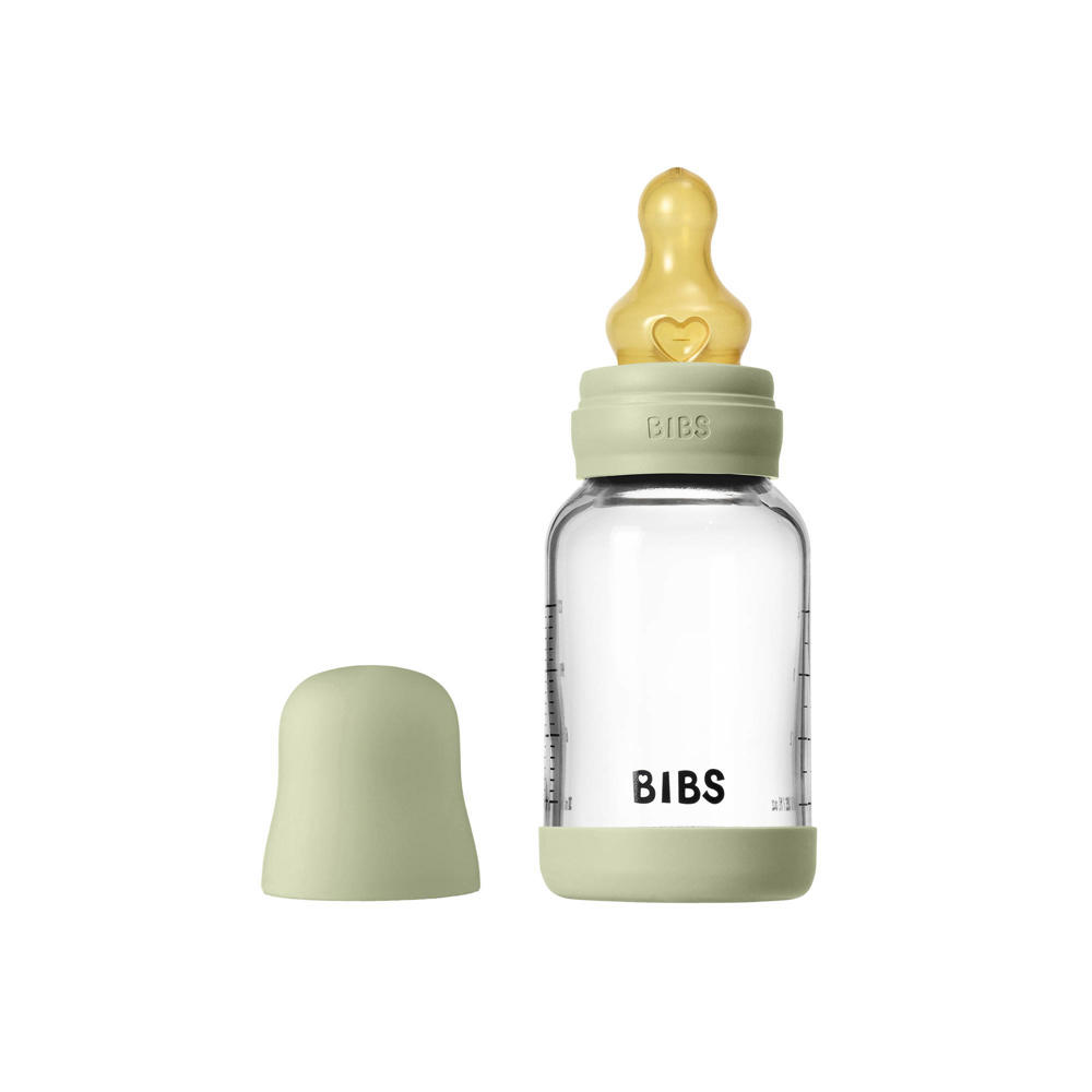 BIBS Glazen Babyfles - 120 ml - Sage - met latex speen en opvouwbare trechtertje