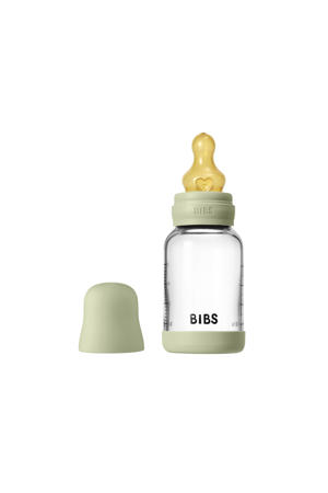 Glazen Babyfles - 120 ml - Sage - met latex speen en opvouwbare trechtertje