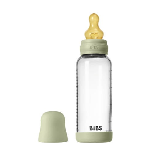 BIBS Glazen Babyfles - 240 ml - Sage - met latex speen en opvouwbare trechtertje