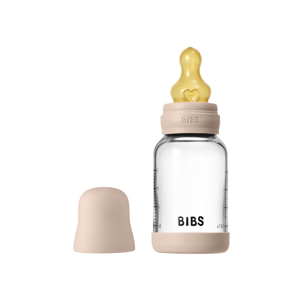 BIBS Glazen Babyfles - 120 ml - Blush - met latex speen en opvouwbare trechtertje