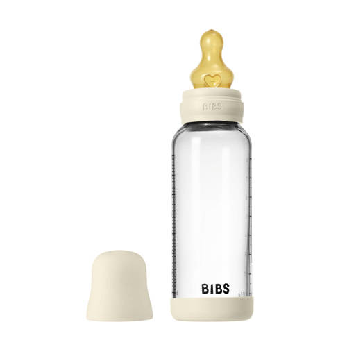 BIBS Glazen Babyfles - 240 ml - Ivory - met latex speen en opvouwbare trechtertje