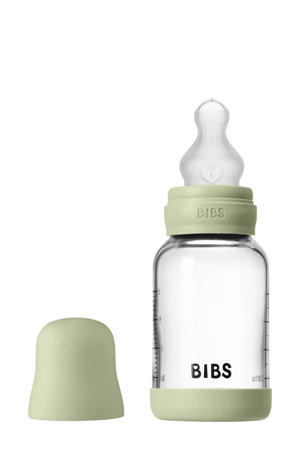 Glazen Babyfles - 120 ml - Sage - met silicone speen en opvouwbare trechtertje