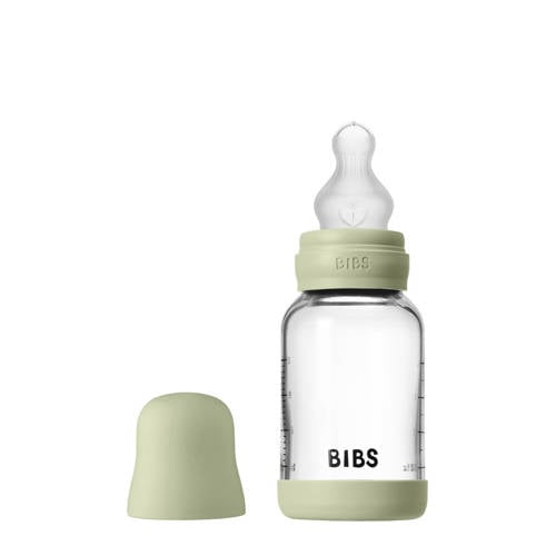 BIBS Glazen Babyfles - 120 ml - Sage - met silicone speen en opvouwbare trechtertje