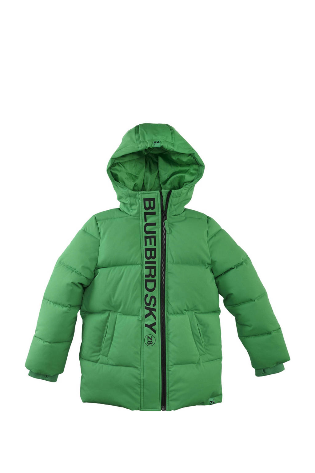 Groene jongens Z8 kids gewatteerde winterjas Roland van polyester met tekst print, lange mouwen, capuchon en ritssluiting