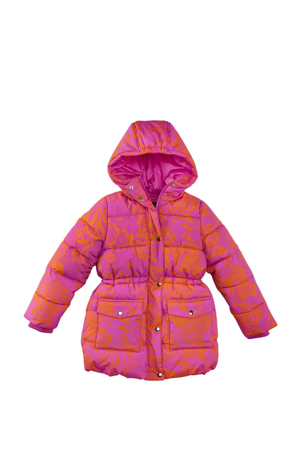 Roze en oranje meisjes Z8 kids gewatteerde winterjas Rosalia van polyester met lange mouwen, capuchon en rits- en drukknoopsluiting