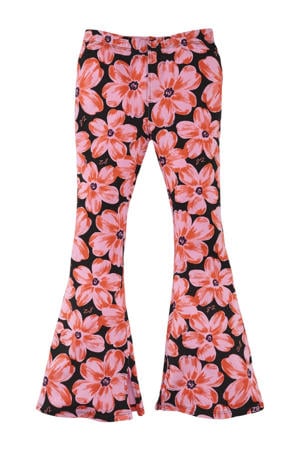 flared broek Merthe met bloemenprint roze/zwart