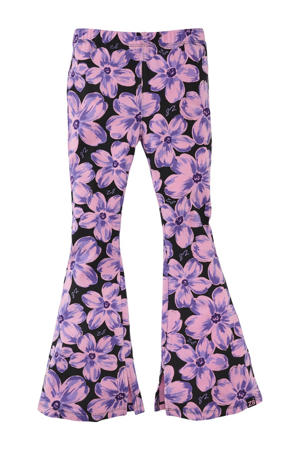 flared broek Malon met bloemenprint lila/zwart