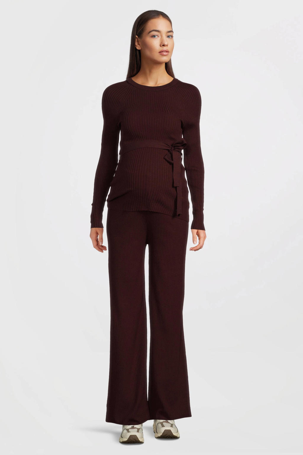 Donkerrode dames LOVE2WAIT straight high waist zwangerschaps broek rib gebreid van acryl met elastische tailleband en effen