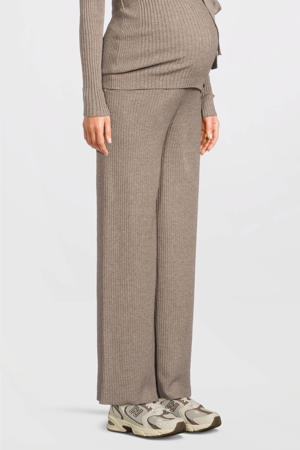 wide leg high waist zwangerschaps broek beige rib gebreid
