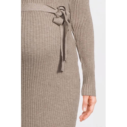 LOVE2WAIT zwangerschaps midi jurk rib gebreid beige Dames Acryl Ronde hals - maat 36-38 afbeelding