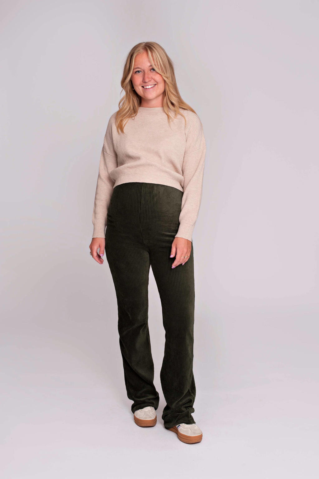 Donkergroene dames LOVE2WAIT straight high waist zwangerschaps broek rib gebreid van stretchkatoen met effen