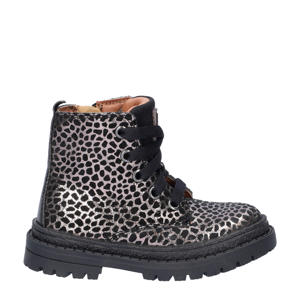 suède veterboots zwart/zilver