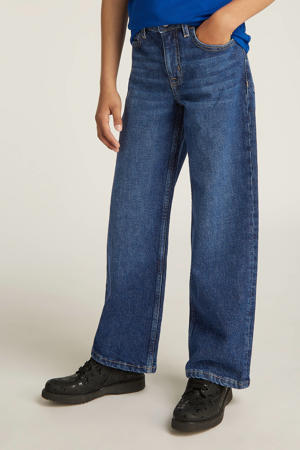 high waist wide leg jeans dark blue denim