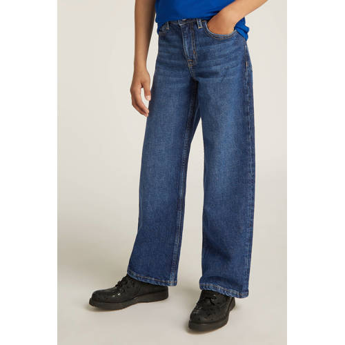 Calvin Klein high waist wide leg jeans dark blue denim Blauw Effen - maat 176 afbeelding