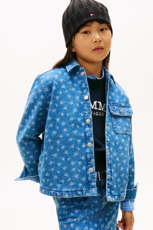 gebloemde denim blouse blauw